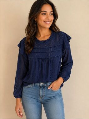 Eyelet Ruffle Long-Sleeve Top in Navy